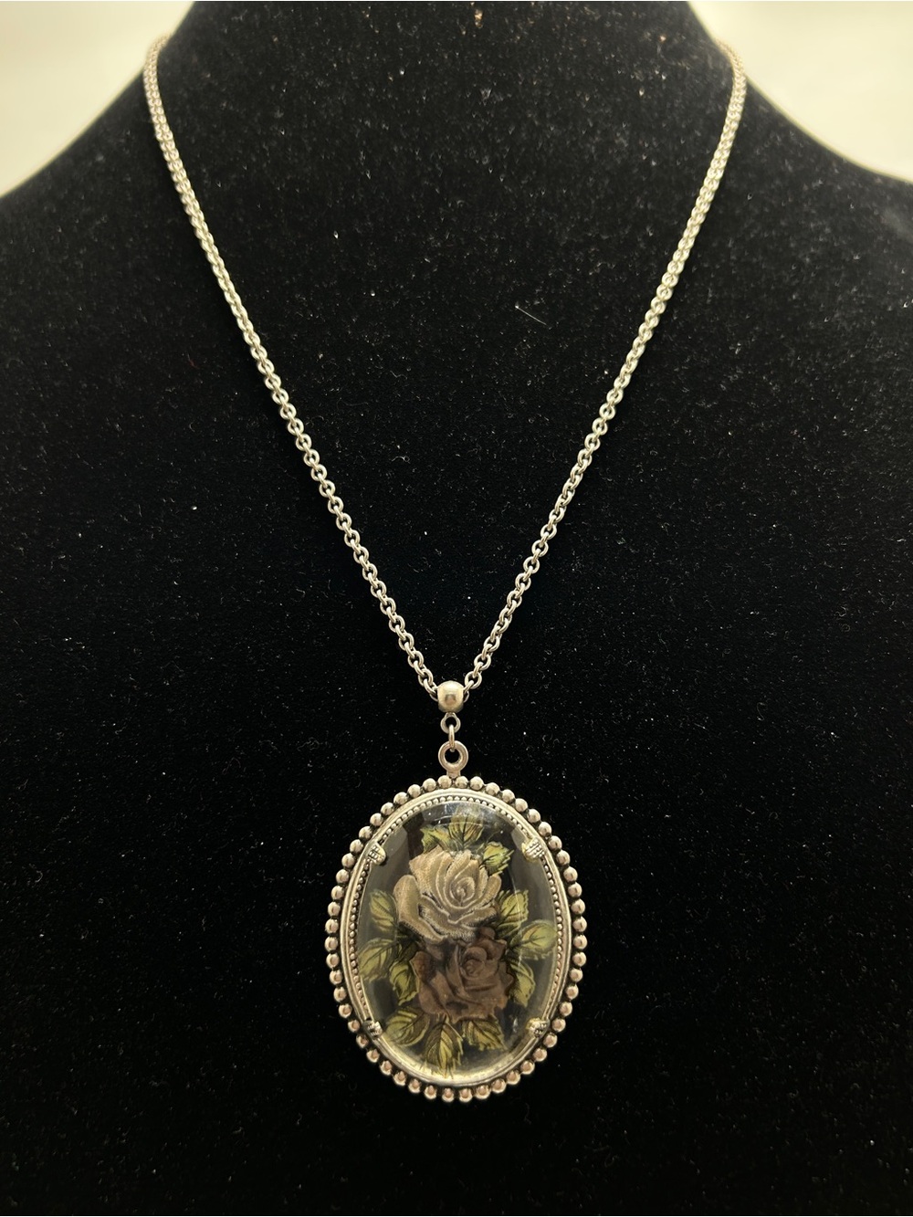 1928, Silver Long Necklace With Floral Pendant, Reverse Painting, Neutral Colors